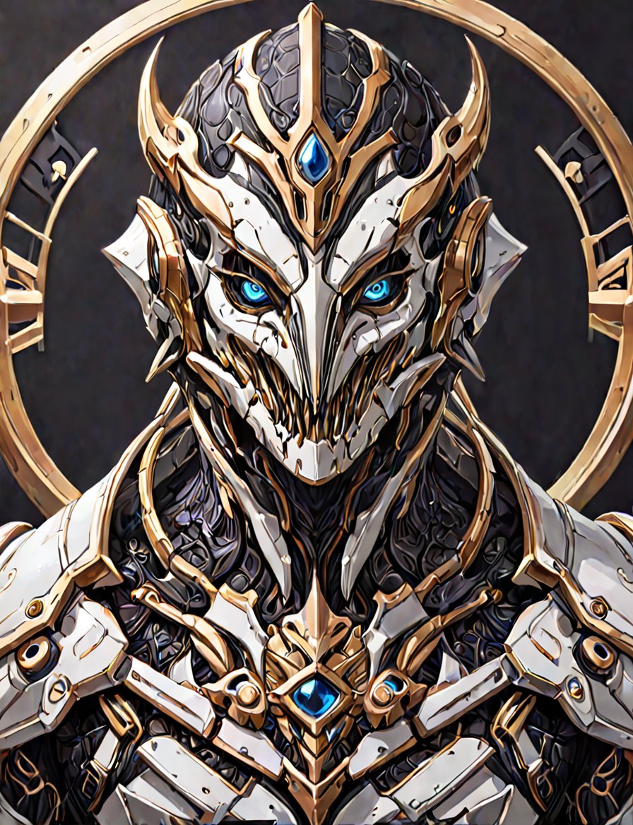 (head and shoulders portrait:1.2), a Warforged penguin , sentient construct of gleaming white and black metal and gears, is dressed in intricately detailed armor. dark background , Inspired by the art of Destiny 2 and the style of Guardians of the Galaxy,art_booster