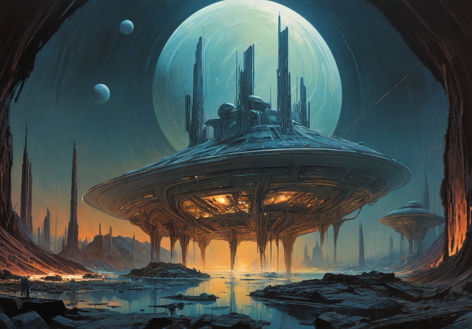 alien planet, dark night sky, (glowing energy lines:1.5), (art by Syd Mead:1.8) (art by John Berkey:2), above a circular arena, triangular geometric features, cracked stone, cobblestone, molten lava river, solar punk, teal plant life, tangerine stone, cold color palette, muted colors, detailed, 8k, art by h.r. giger