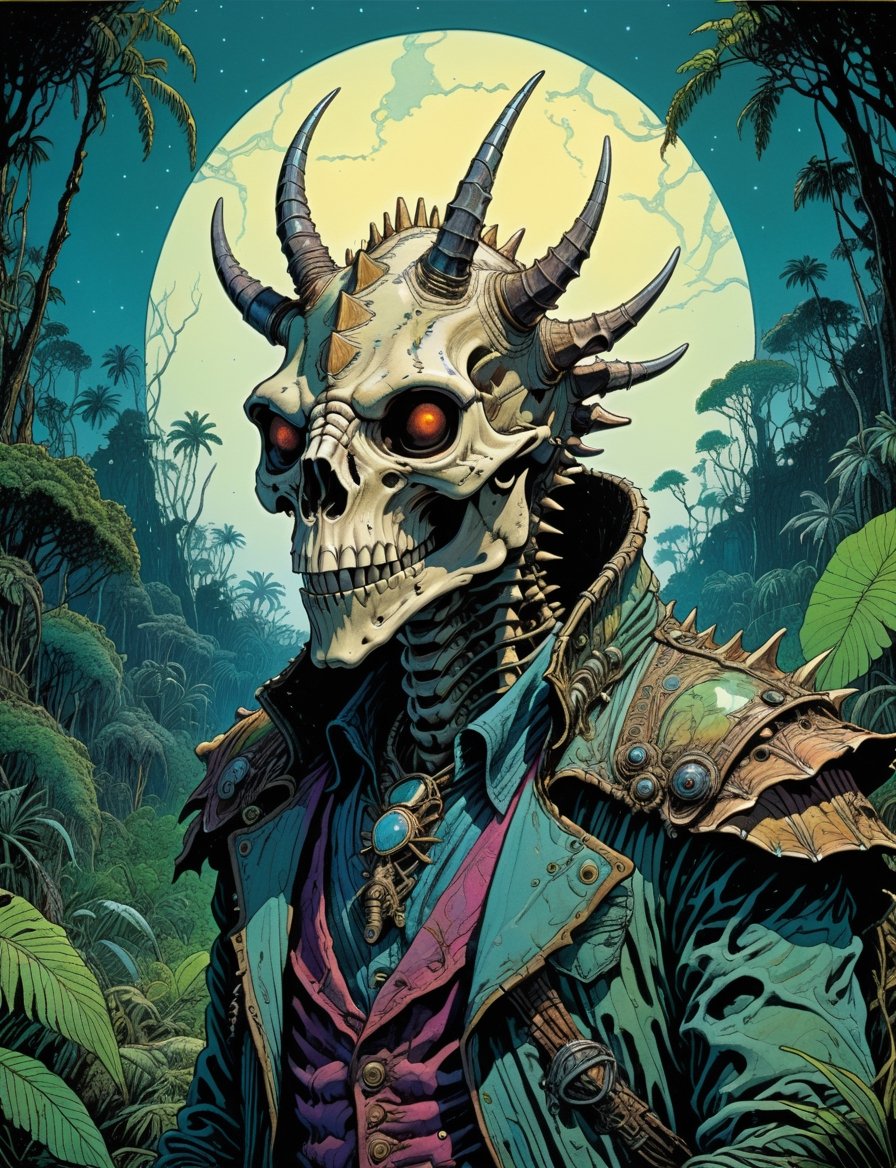 head and shoulders portrait , evil skeleton triceratops , wearing tattered outfit, in the jungle, moonlight, Dark Magic, dnd, fantasy  jungle setting, highly detailed, art by Jean Giraud ((Moebius style)), line ink illustration,highly detailed,  ink sketch,ink Draw,Comic Book-Style 2d,2d, pastel colors