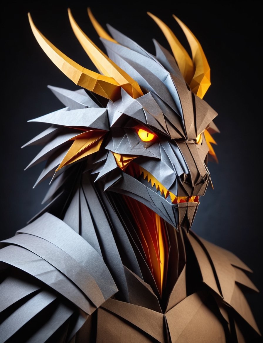 (head and shoulders portrait:2.5), (angry glaring villian paper dragon warrior :2), menacing expression, wearing paper armor , made out of folded paper, origami,  light and delicate tones, clear contours, cinematic quality, dark background, highly detailed, chiaroscuro, ral-orgmi