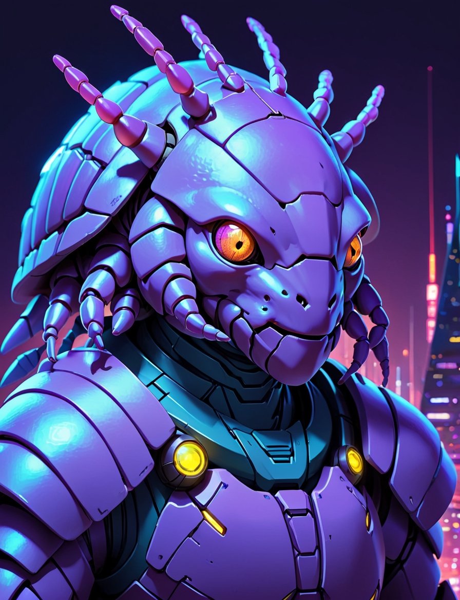 head and shoulders portrait, flat 2d illustration style, (1male:3), anthropomorphic sci-fi , (violet skin isopod :2.3) (cyber dragon:1.8) , wearing power armor, cyberpunk, tarot card, 4K UHD, studio ghibli style, high-tech, , nocturne, breakdomain, portraitart, portrait art style, neon hieroglyphs 