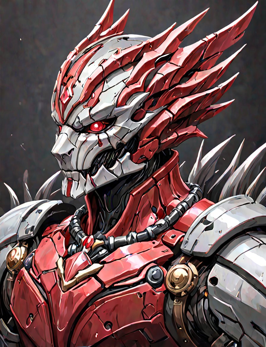 (head and shoulders portrait:1.2), a Warforged viper , sentient construct of gleaming ruby and black metal and gears, is dressed in intricately detailed armor. dark background , Inspired by the art of Destiny 2 and the style of Guardians of the Galaxy,art_booster