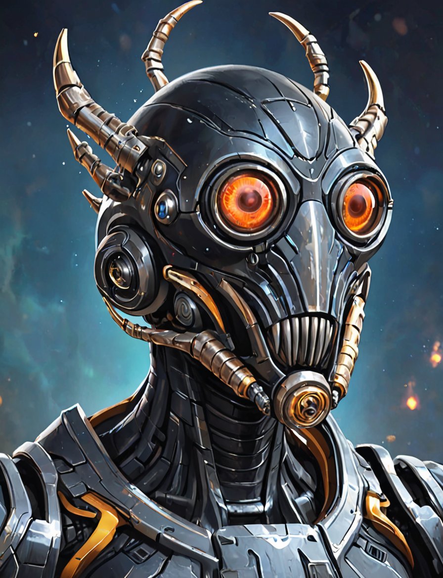 (head and shoulders portrait:1.2), Sci-Fi. (anthropomorphic beholder :1.3), athletic build, wearing futuristic and highly cybernetic black armor. Inspired by the art of Destiny 2 and the style of Guardians of the Galaxy,art_booster