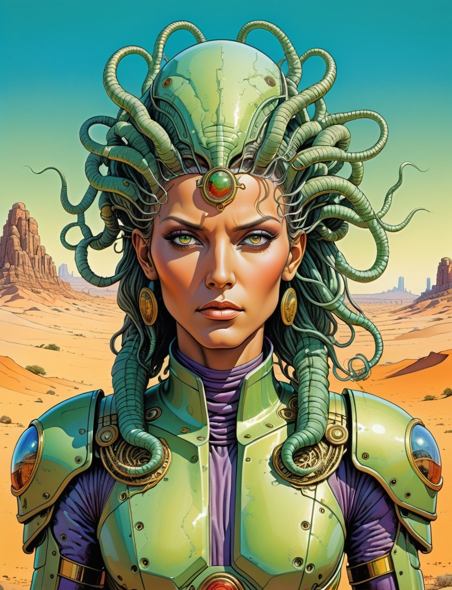 head and shoulders Portrait, sci-fi anthropomorphic medusa superhero , wearing power armor, background Desert,
highly detailed, art by Jean Giraud ((Moebius style)), line ink illustration,highly detailed,  ink sketch,ink Draw,Comic Book-Style 2d,2d, pastel colors