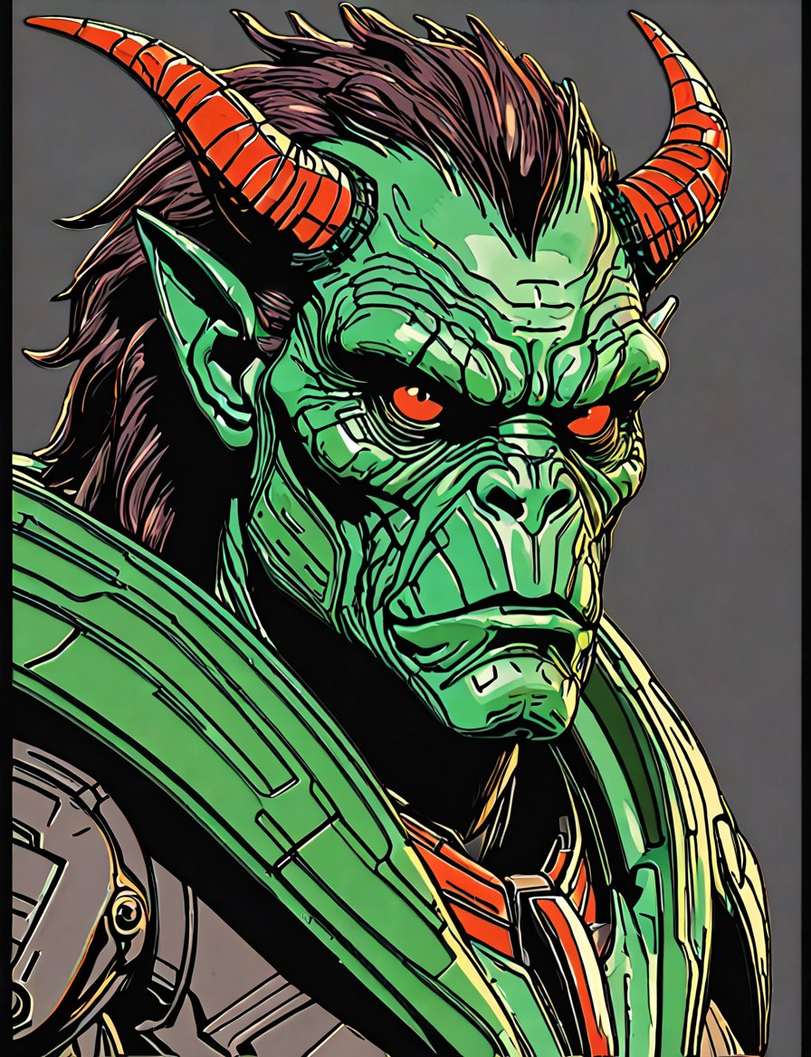 (close up, head and shoulders portrait:1.5), An extremely detailed 1970s retro-future anthropomorphic (martian man hunter :1.2) (manticore :1.4) robot, centered, (strong outline sketch style:1.5), (flat silkscreen art style:1.9), (solid dark background:1.2), (retro color scheme), masterpiece, epic, by pascal blanche rutkowski repin artstation painting concept art of detailed character design matte painting, 4 k resolution blade runner, dark muted background, detailed, comic book,dcas_lora