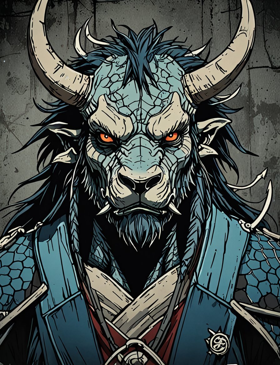 (close up, head and shoulders portrait:1.5), (anthromorphic dragon bison :1.5), samurai, wearing samurai armor, (strong outline sketch style:1.5), symmetrical features, gritty fantasy, (darkest dungeon art style :1.4), dark muted background, detailed,one_piece_wano_style,Dark Manga of