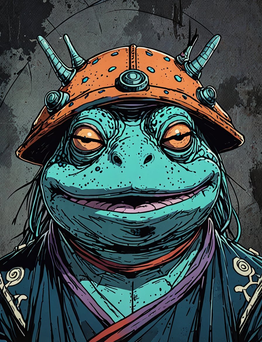 (close up, head and shoulders portrait:1.5), orange, teal, blue, violet gradient , (anthromorphic toad :1.5), samurai, wearing samurai armor, (strong outline sketch style:1.5), symmetrical features, gritty fantasy, (darkest dungeon art style :1.4), dark muted background, detailed,one_piece_wano_style,Dark Manga of