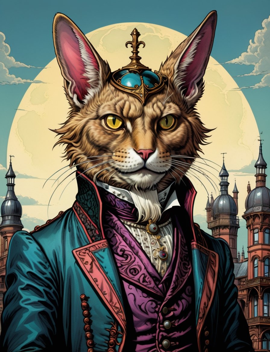 head and shoulders Portrait, dark fantasy anthropomorphic (Victorian gothic:3) (various cat breeds wolpertinger:2), wearing monster outfit ,  background gothic setting ,
highly detailed, art by Jean Giraud ((Moebius style)), line ink illustration,highly detailed,  ink sketch,ink Draw,Comic Book-Style 2d,2d, pastel colors