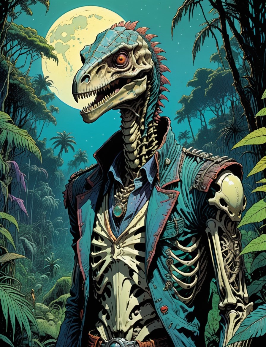 head and shoulders portrait , evil skeleton velociraptor , wearing tattered outfit, in the jungle, moonlight, Dark Magic, dnd, fantasy  jungle setting, highly detailed, art by Jean Giraud ((Moebius style)), line ink illustration,highly detailed,  ink sketch,ink Draw,Comic Book-Style 2d,2d, pastel colors