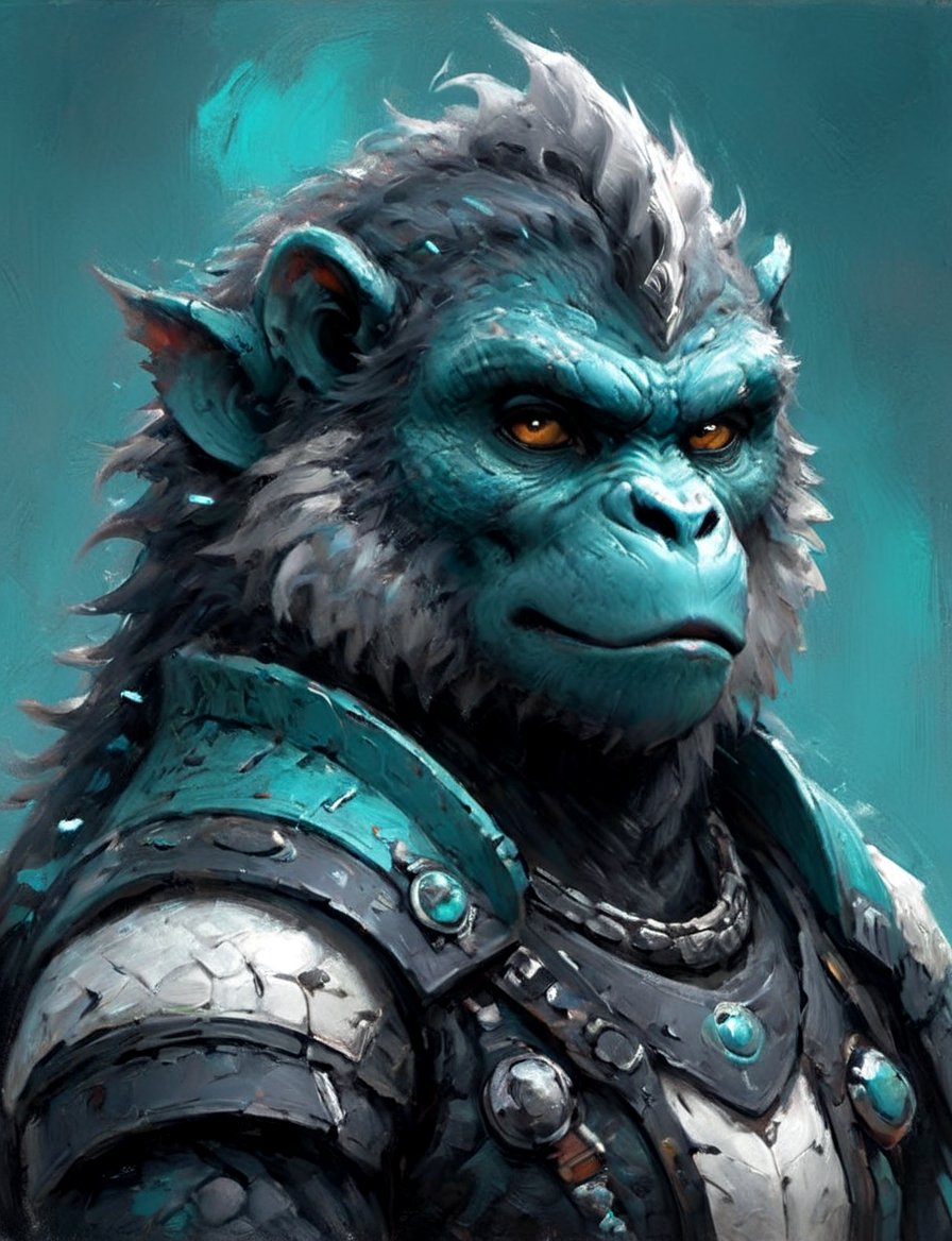 (close up, head and shoulders portrait:1.3), anthromorphic (gorilla :1.2) dragon, futuristic power armor, bounty hunter , aqua and white and black color scheme , Disney pixar style