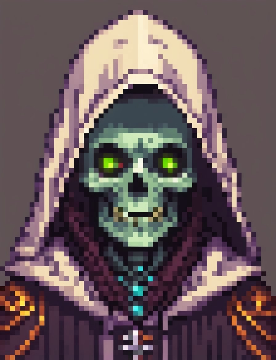 Head and shoulders portrait, undead lich in a hooded robe ,  pixel art, PixArFK, ,Pixel Art