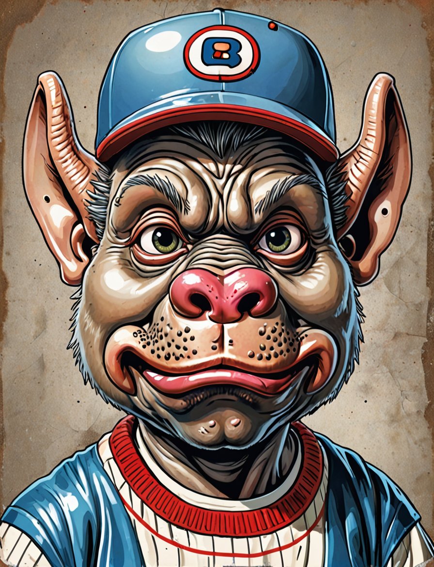 (close up, head and shoulders portrait:1.5), An extremely detailed 1980s (cartoon caricature:1.5), (oversized head caricature:1.3), anthropomorphic babirusa , wearing baseball player outfit , grunge , dystopian, in the style of garbage pail kids