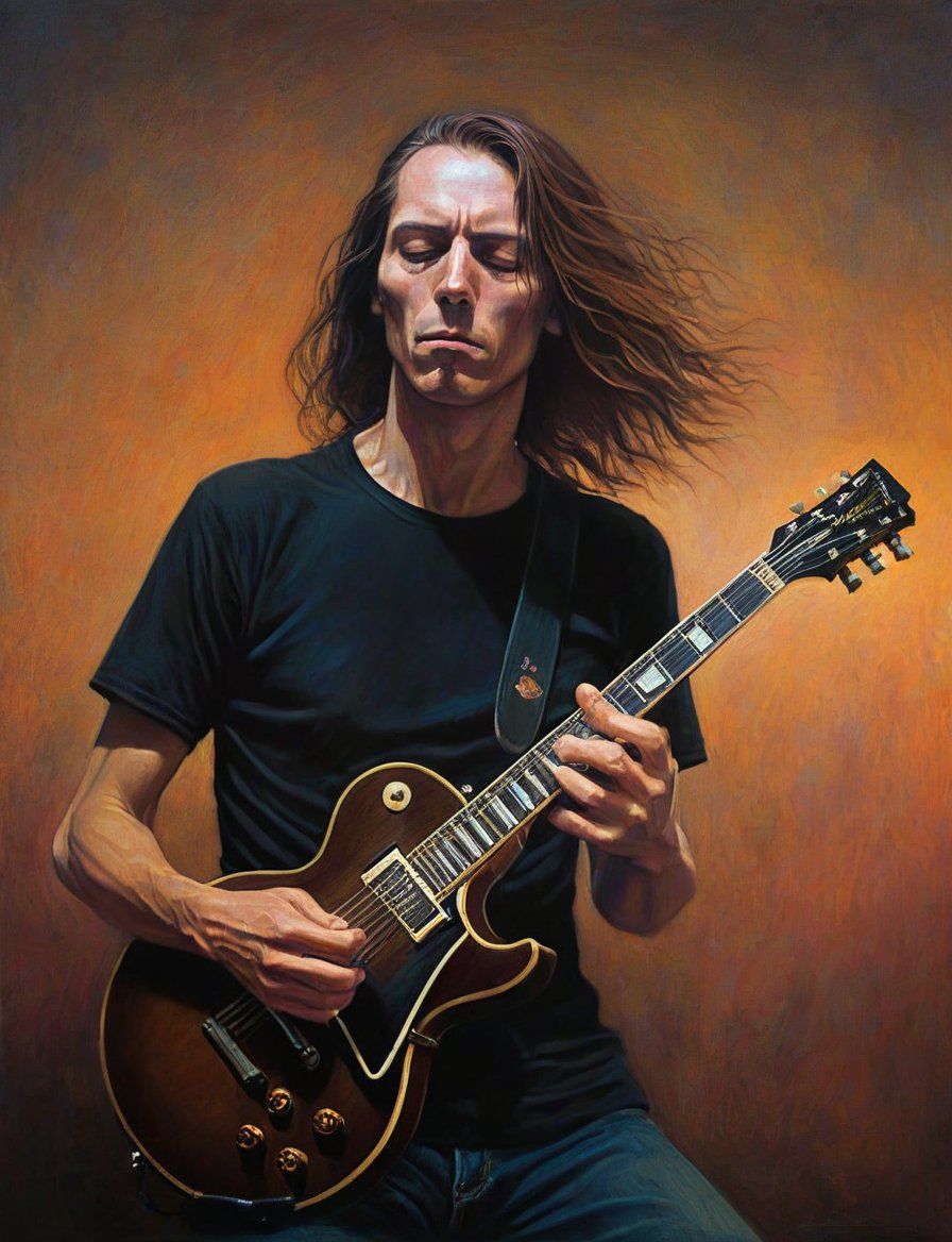 (head and shoulders portrait:1.2), Fred Mascherino, a guitarist, (playing gibson les paul guitar:1.2), performing on stage, brown_hair,  wearing black t-shirt, looking at the camera, singing, blue stage background, surreal fantasy, close-up view, chiaroscuro lighting, no frame, hard light, art by Zdzisław Beksiński,digital artwork by Beksinski