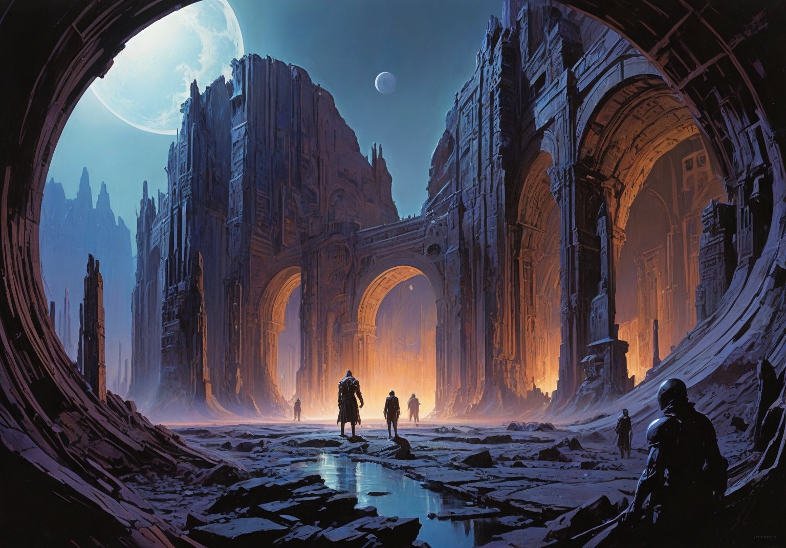 alien planet, dark night sky, (glowing energy lines:1.5), (art by Syd Mead:1.8) (art by John Berkey:2), above a circular colosseum, triangular geometric features, cracked stone, cobblestone, molten lava river, solar punk, blue plant life, violet stone, cold color palette, muted colors, detailed, 8k, art by h.r. giger