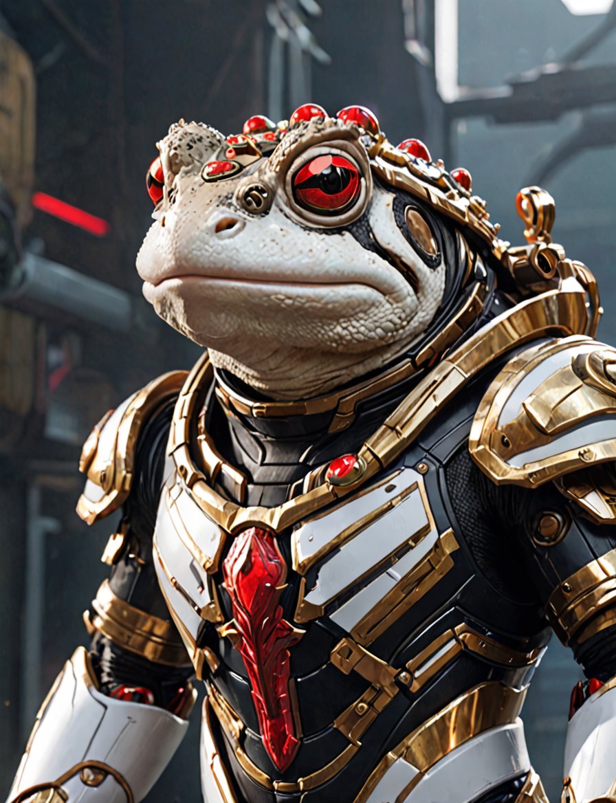 (head and shoulders portrait:1.2), Sci-Fi. (anthropomorphic toad:1.3), athletic build. ((white armor)).  wearing futuristic and highly cybernetic black armor. red ornaments, golden lines, Inspired by the art of Destiny 2 and the style of Guardians of the Galaxy
