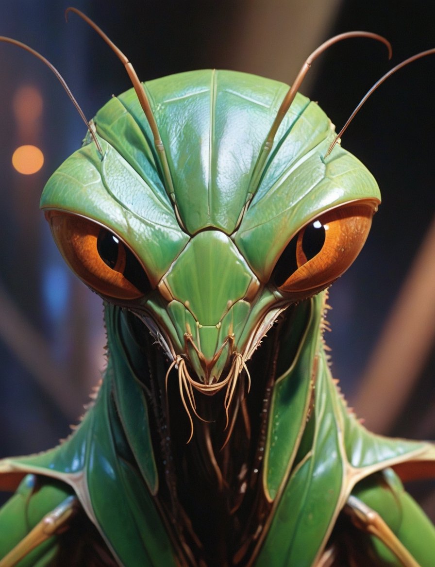 close up, head and shoulders portrait, male creature (mantis eyes:3) , glowing blue irises, (art by Syd Mead:1.8), triadic color scheme, muted colors, detailed, art by h.r. giger