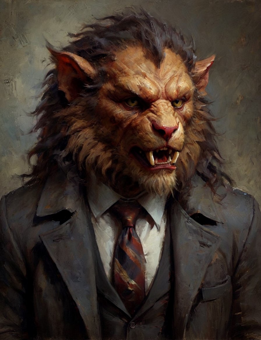 head and shoulders portrait, anthromorphic manticore , a hard-boiled atmosphere, a trench coat, a tie