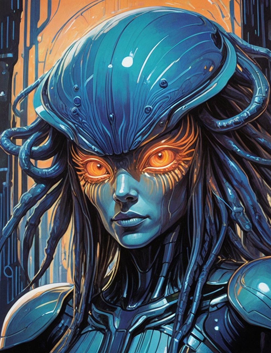 close up, head and shoulders portrait, fuzzy jellyfish creature warrior , glowing blue irises, engraved energy lines , (art by Syd Mead:1.8), ship interrior, solar punk, tangerine and teal color scheme, cold color palette, muted colors, detailed, 8k, art by h.r. giger