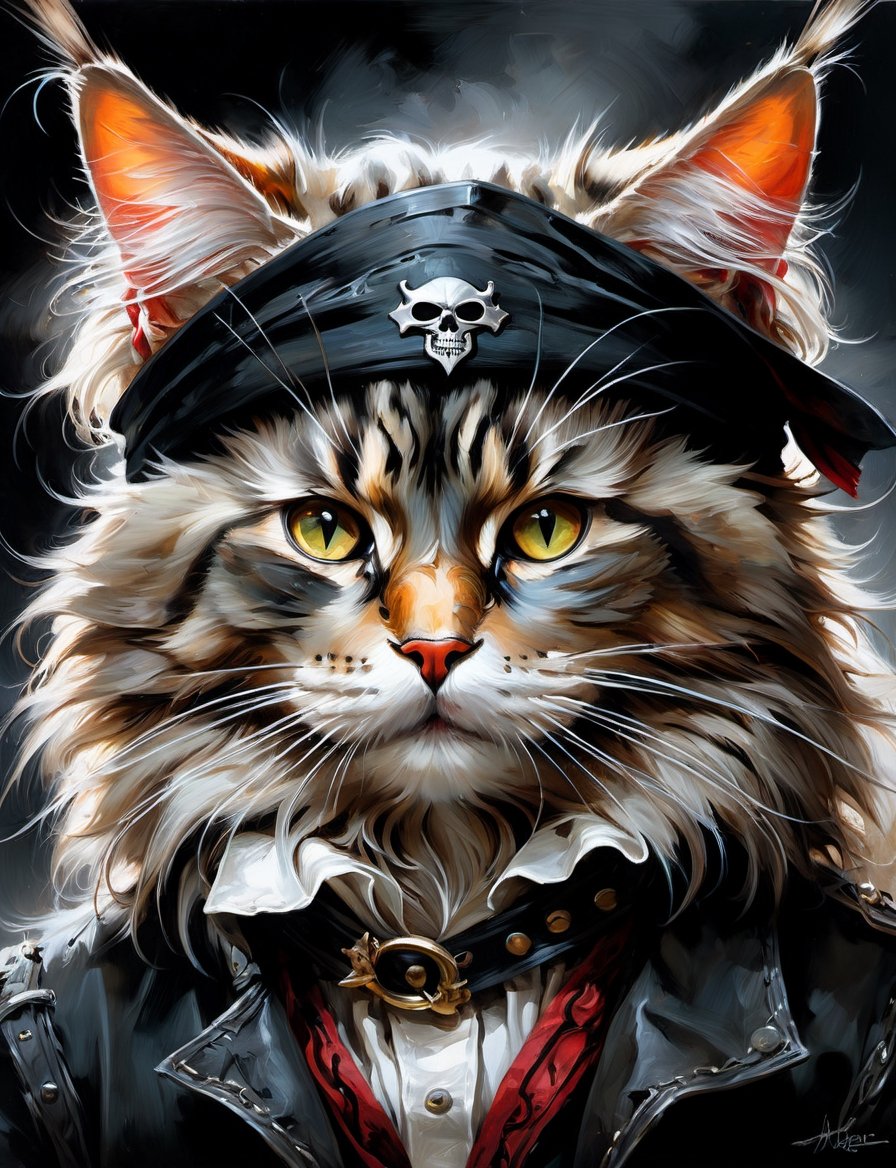 head and shoulders portrait, anthropomorphic Hybrid bird (maine coon) pirate animal oni, wearing pirate crew clothing, bandana , eyepatch, multi colored feathers, oil painting, thin and smooth lines, long strokes, light and delicate tones, clear contours, cinematic quality, dark background, dramatic lighting, by Jeremy Mann, Peter Elson, Alex Maleev, Ryohei Hase, Raphael Sanzio, Pino Daheny, Charlie Bowater, Albert Joseph Penot, Ray Caesar, highly detailed, hr giger, gustave dore, Stephen Gammell, masterpiece of layered portrait art, techniques used: sfumato, chiaroscuro, atmospheric perspective