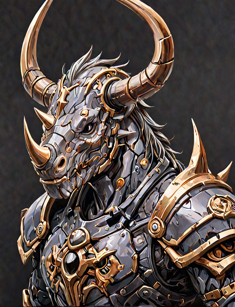 (head and shoulders portrait:1.2), a Warforged rhinoceros , sentient construct of gleaming onyx and black metal and gears, is dressed in intricately detailed armor. dark background , Inspired by the art of Destiny 2 and the style of Guardians of the Galaxy,art_booster