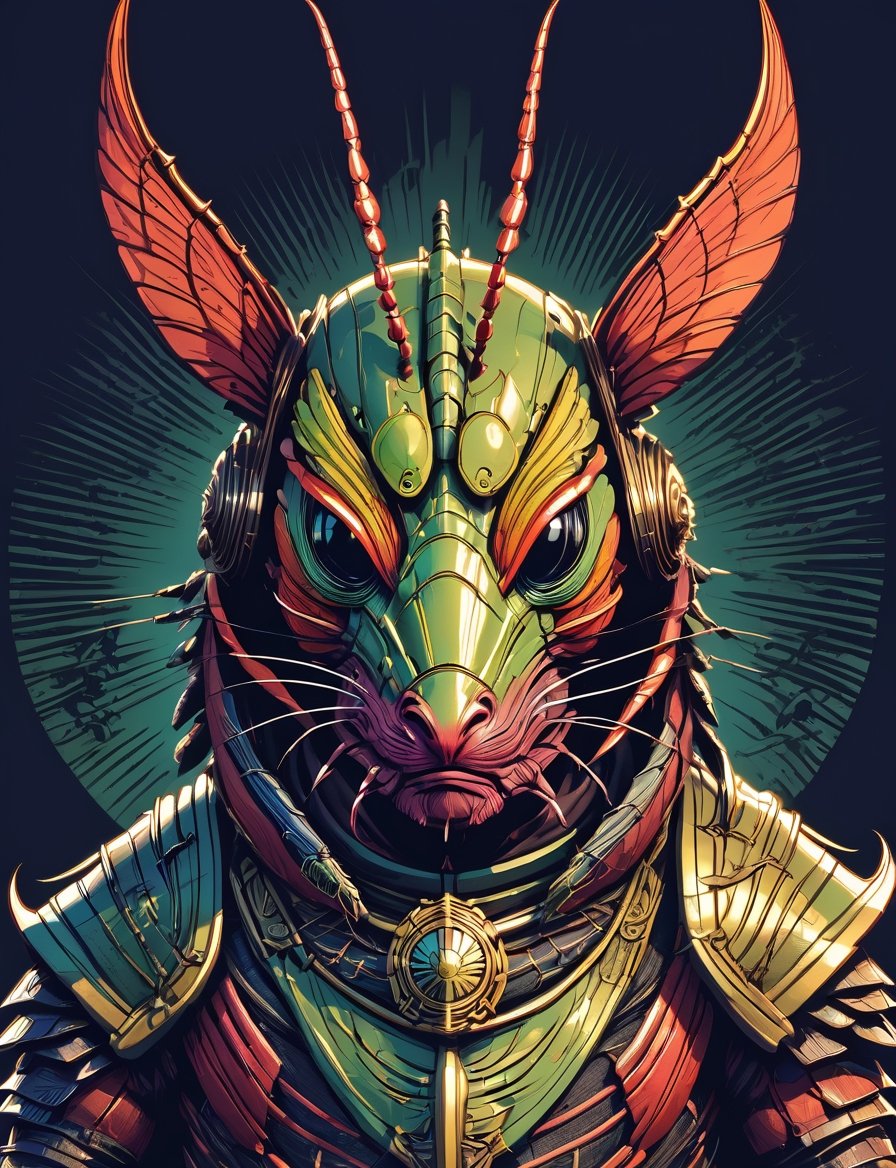 head and shoulders portrait, (rodent mantis:1.5) warrior, wearing armor, colorful, symmetrical precise detail, symmetrical features, (flat silkscreen:1.5) , wearing mask, pastel-color, creative, dark flat color background ,oni style