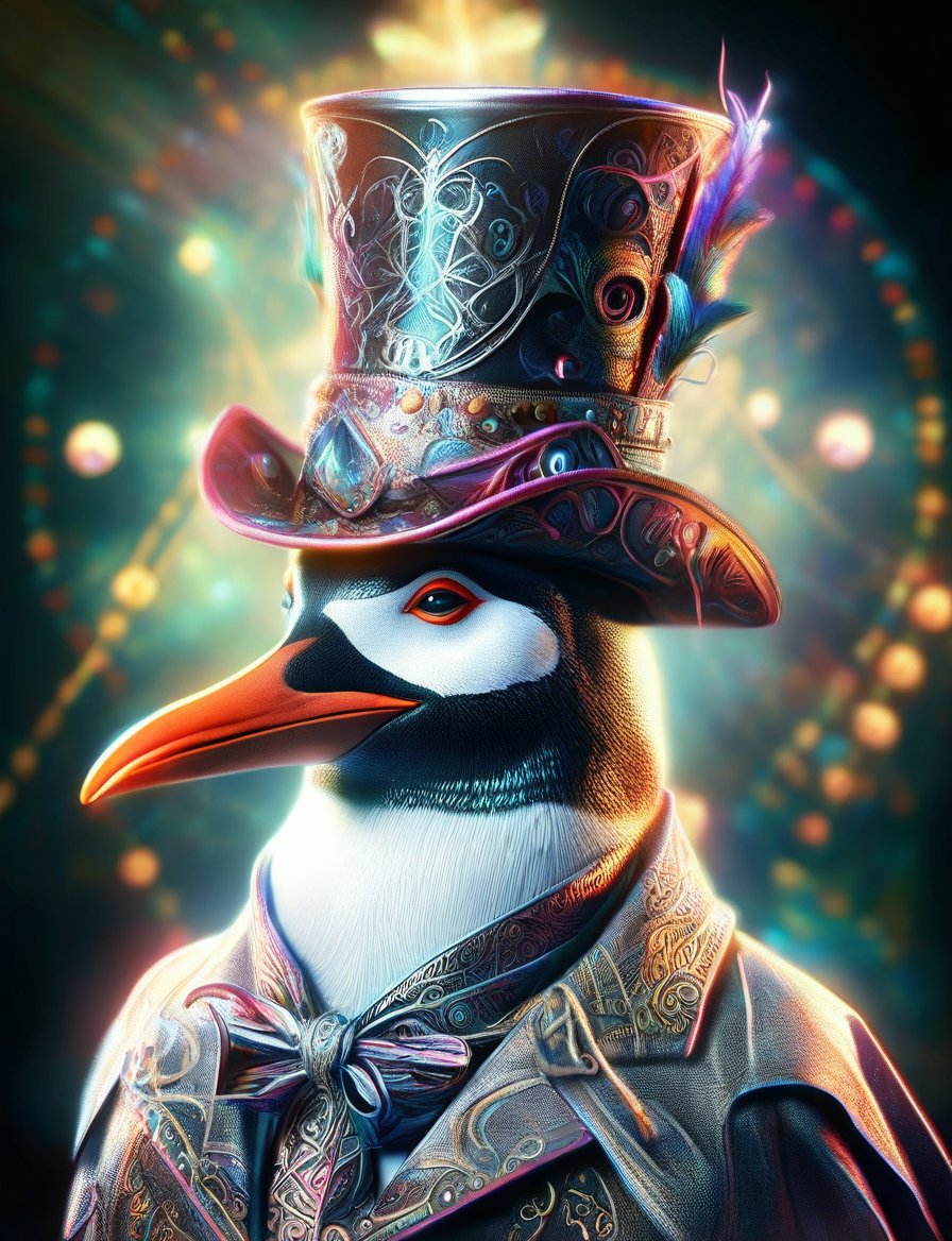 (head and shoulders portrait:1.2), (anthropomorphic penguin :1.3) as circus performer , zorro mask, jester hat, holographic glowing eyes, wearing circus outfit , (outline sketch style:1.5), surreal fantasy, close-up view, chiaroscuro lighting, no frame, hard light, in the style of esao andrews, DonM3lv3nM4g1cXL