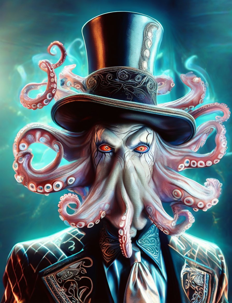 (head and shoulders portrait:1.2), (anthropomorphic octopus :1.3) as circus clown performer , zorro mask, jester hat, holographic glowing eyes, wearing circus outfit , (outline sketch style:1.5), surreal fantasy, close-up view, chiaroscuro lighting, no frame, hard light, in the style of esao andrews, DonM3lv3nM4g1cXL