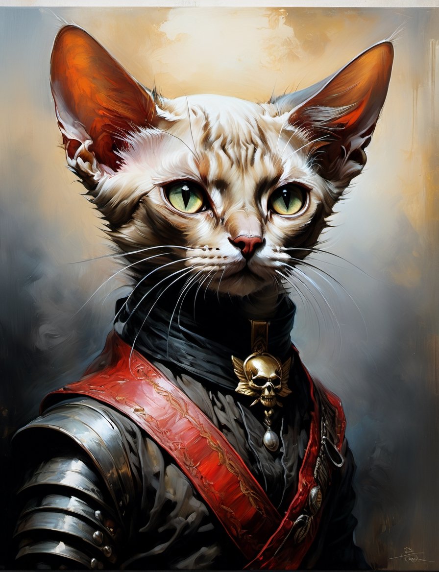 head and shoulders portrait, anthropomorphic Hybrid bird (sphinx cat) pirate animal oni, wearing pirate crew clothing, bandana , eyepatch, multi colored feathers, oil painting, thin and smooth lines, long strokes, light and delicate tones, clear contours, cinematic quality, dark background, dramatic lighting, by Jeremy Mann, Peter Elson, Alex Maleev, Ryohei Hase, Raphael Sanzio, Pino Daheny, Charlie Bowater, Albert Joseph Penot, Ray Caesar, highly detailed, hr giger, gustave dore, Stephen Gammell, masterpiece of layered portrait art, techniques used: sfumato, chiaroscuro, atmospheric perspective
