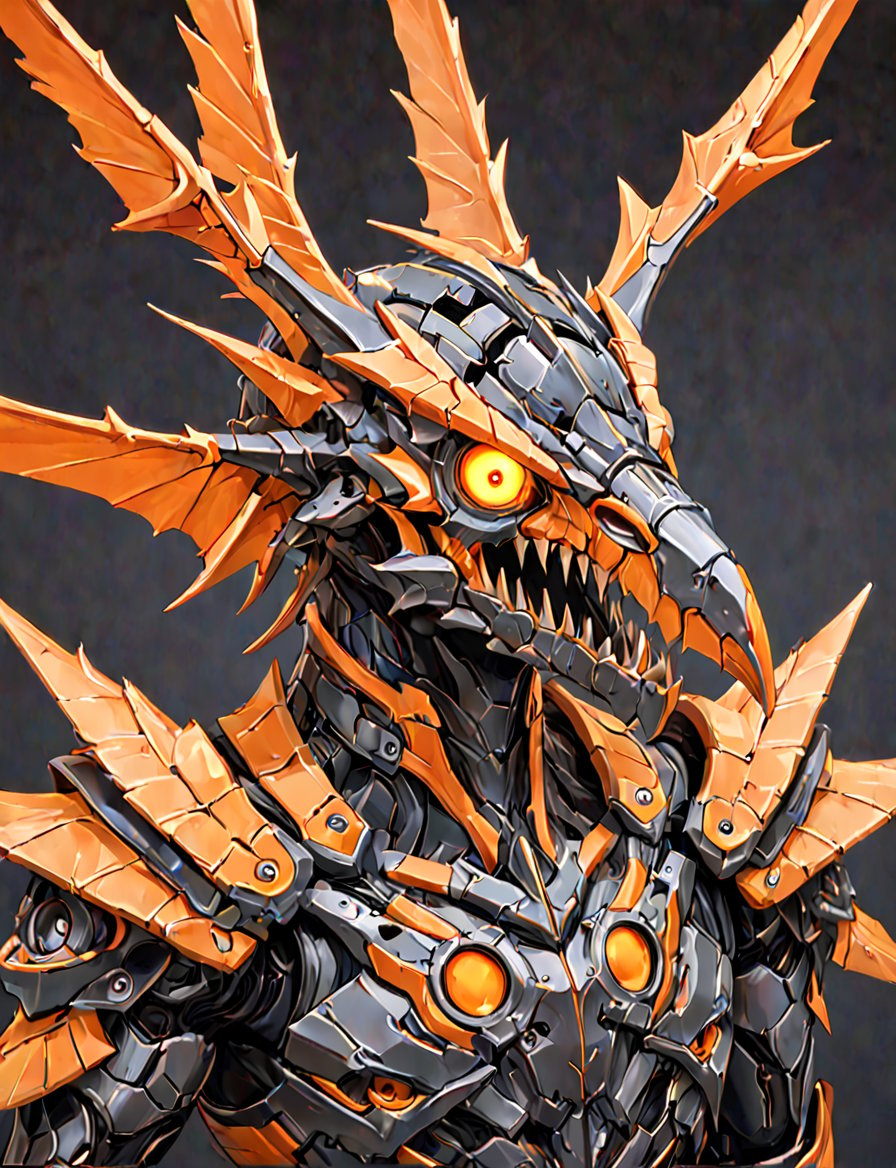 (head and shoulders portrait:1.2), a Warforged pterodactyl , sentient construct of gleaming orange and black metal and gears, is dressed in intricately detailed armor. dark background , Inspired by the art of Destiny 2 and the style of Guardians of the Galaxy,art_booster