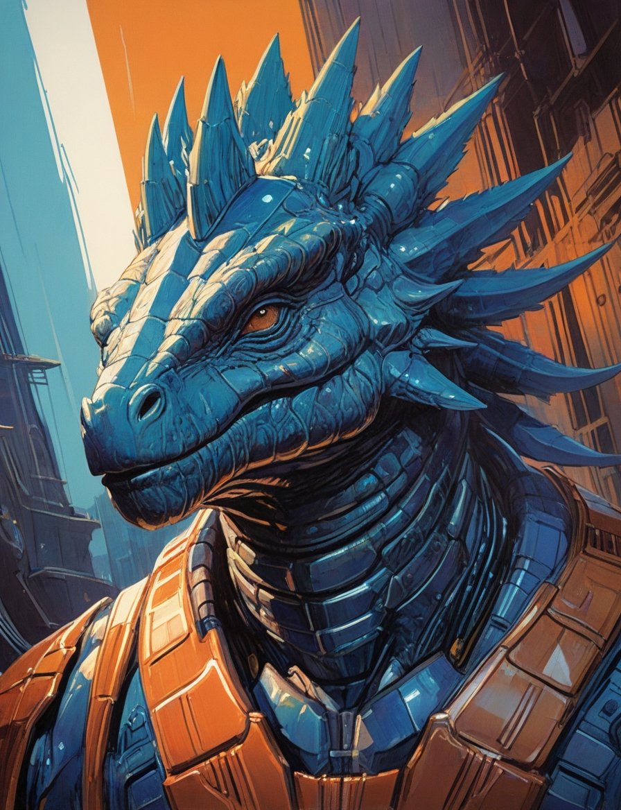 close up, head and shoulders portrait, male fuzzy stegosaurus creature , glowing blue irises, engraved energy lines , (art by Syd Mead:1.8), ship interrior, solar punk, tangerine and teal color scheme, cold color palette, muted colors, detailed, 8k, art by h.r. giger