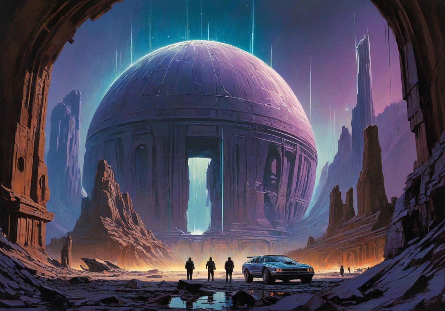 alien planet, dark night sky, (glowing energy lines:1.5), (art by Syd Mead:1.8) (art by John Berkey:2), above a circular colosseum, triangular geometric features, cracked stone, cobblestone, molten lava river, solar punk, teal plant life, violet stone, cold color palette, muted colors, detailed, 8k, art by h.r. giger