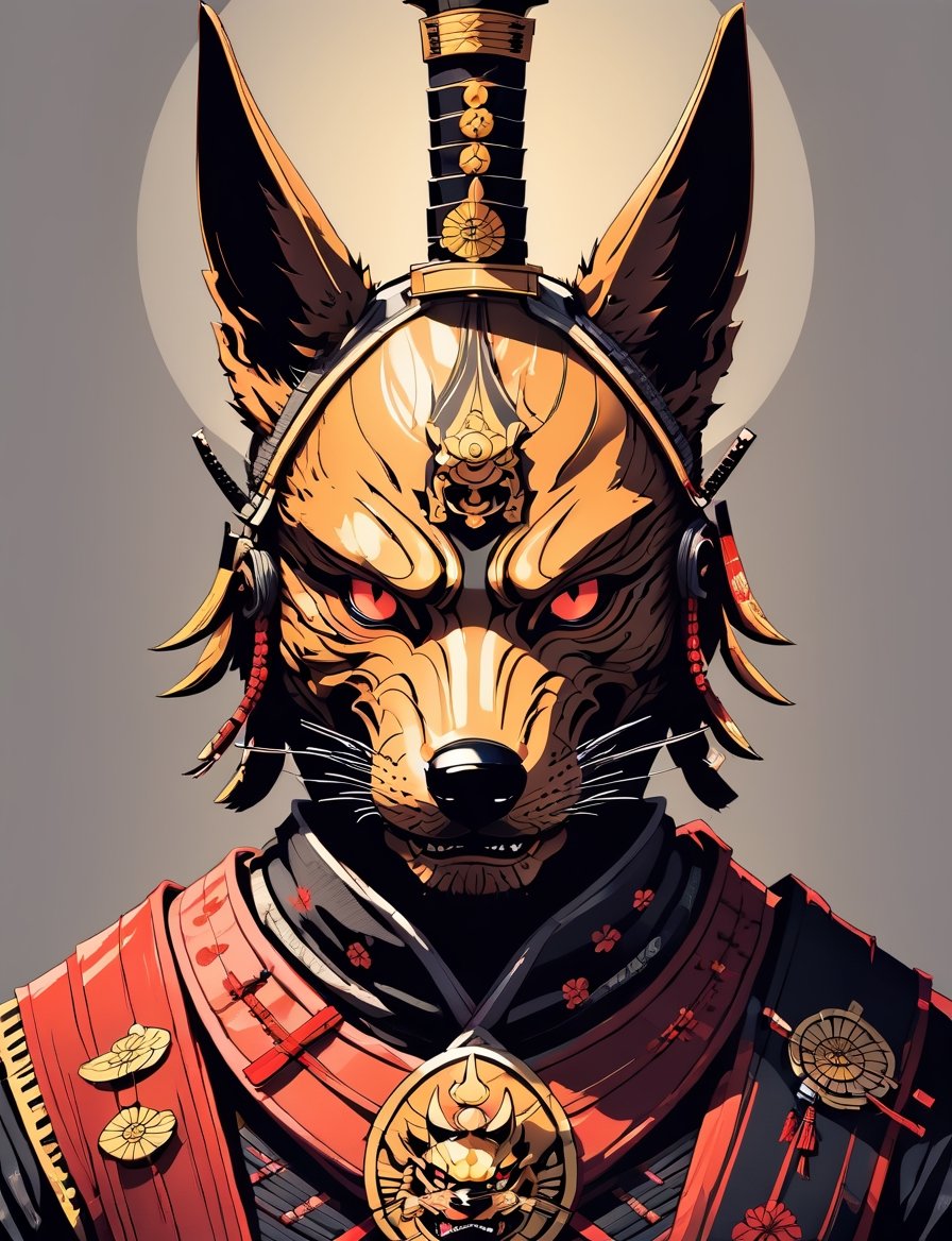 head and shoulders portrait, (samurai jackal :1.5) warrior, wearing armor, colorful, symmetrical precise detail, symmetrical features, (flat silkscreen:1.5) , wearing mask, pastel-color, creative, dark flat color background ,oni style