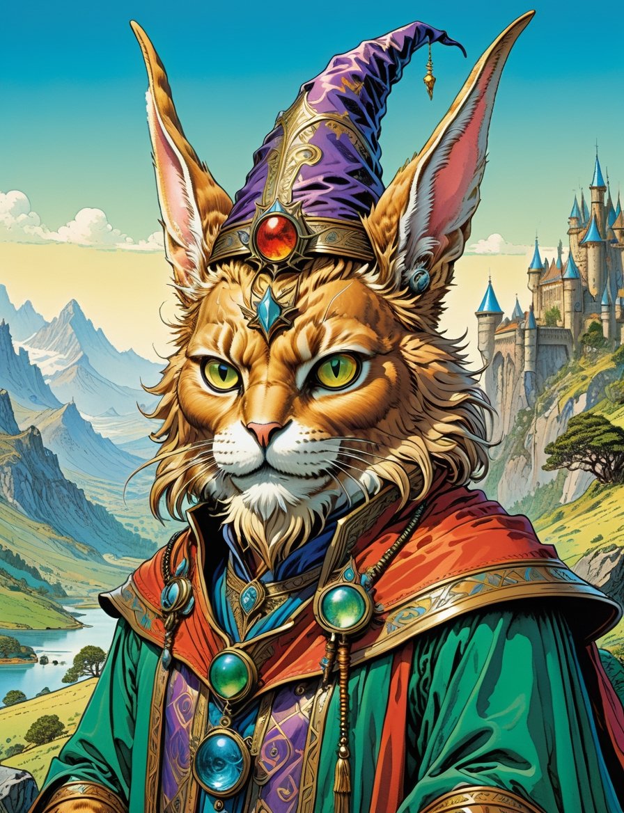 head and shoulders Portrait, fantasy anthropomorphic (high fantasy wizard :3) (cat wolpertinger:2), wearing magical outfit ,  background fantasy landscape setting ,
highly detailed, art by Jean Giraud ((Moebius style)), line ink illustration,highly detailed,  ink sketch,ink Draw,Comic Book-Style 2d,2d, pastel colors