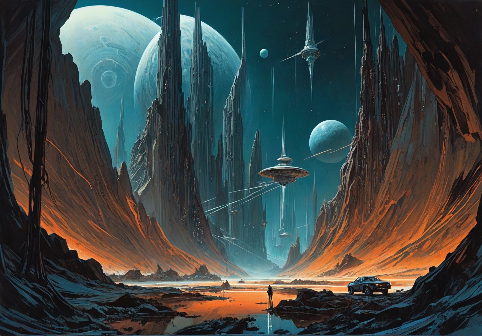 alien planet, dark night sky, (glowing energy lines:1.5), (art by Syd Mead:1.8) (art by John Berkey:2), above a circular arena, triangular geometric features, cracked stone, cobblestone, molten lava river, solar punk, teal plant life, tangerine stone, cold color palette, muted colors, detailed, 8k, art by h.r. giger