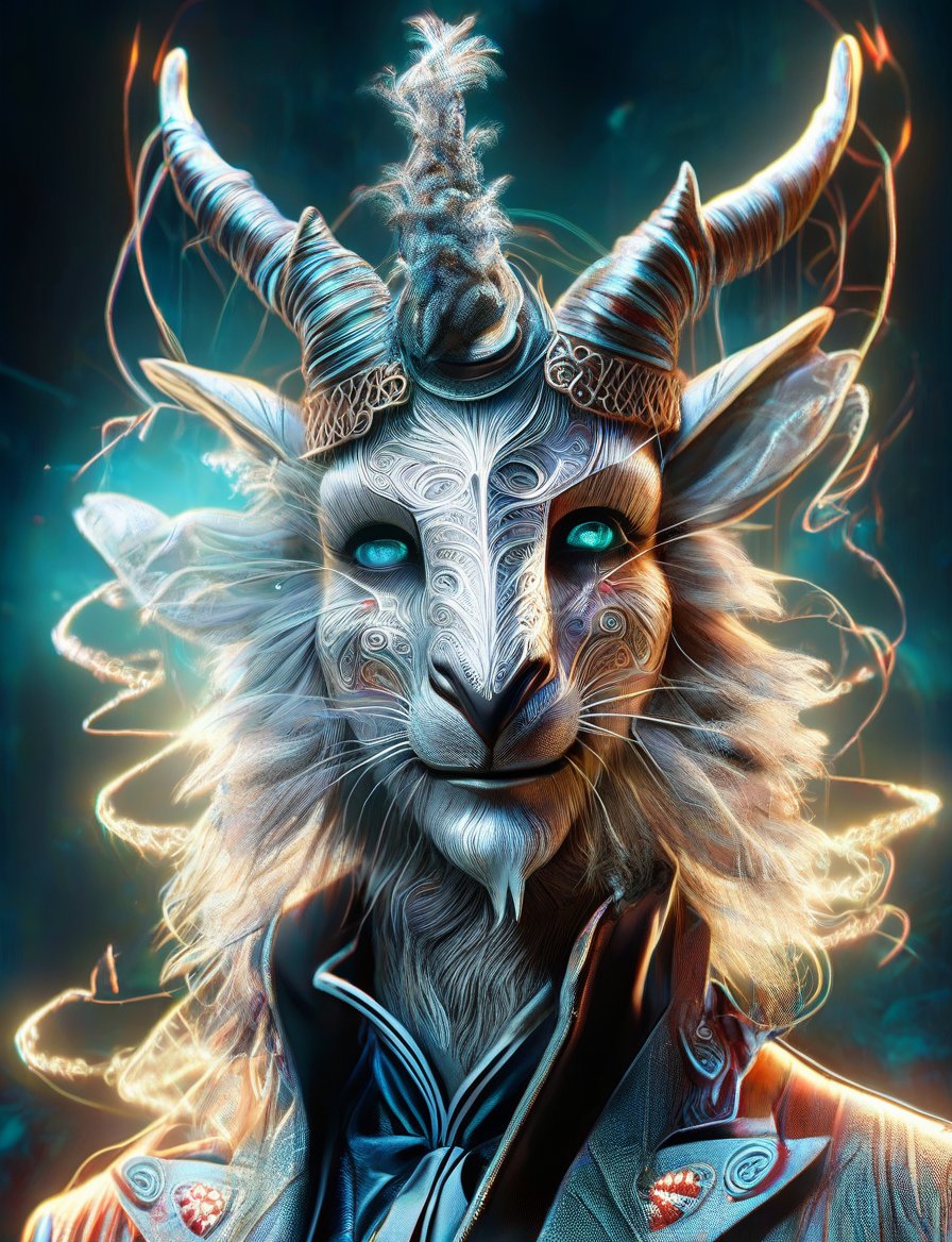 (head and shoulders portrait:1.2), (anthropomorphic markhor :1.3) as circus clown performer , zorro mask, holographic glowing eyes, wearing circus outfit , (outline sketch style:1.5), surreal fantasy, close-up view, chiaroscuro lighting, no frame, hard light, in the style of esao andrews, DonM3lv3nM4g1cXL