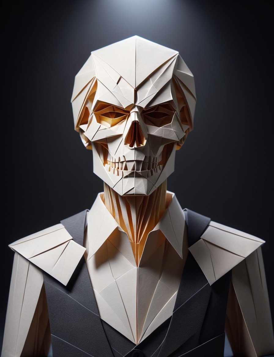 (head and shoulders portrait:2), (angry glaring villian paper skeleton:2), menacing expression, wearing super hero outfit, made out of folded paper, origami,  light and delicate tones, clear contours, cinematic quality, dark background, highly detailed, chiaroscuro, ral-orgmi