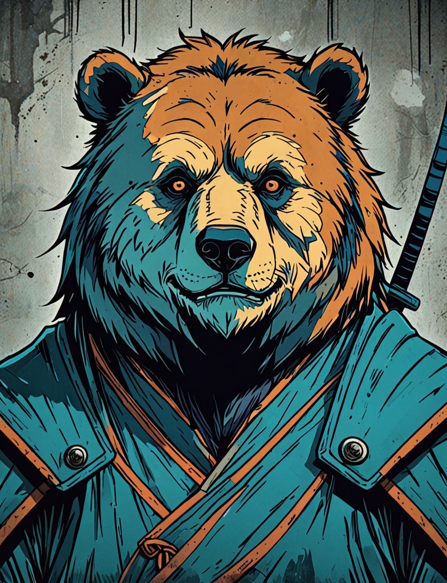 (close up, head and shoulders portrait:1.5), orange, teal, blue, violet gradient , (anthromorphic grizzly bear :1.5), samurai, wearing samurai armor, (strong outline sketch style:1.5), symmetrical features, gritty fantasy, (darkest dungeon art style :1.4), dark muted background, detailed,one_piece_wano_style,Dark Manga of