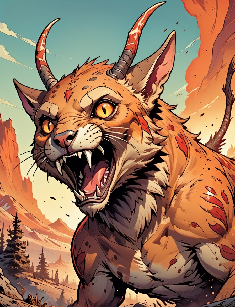 vintage comic book illustration, close up, fantasy (fossa:1.6) (dragon:0.8) creature, large rabbit ears, antlers, orange and red feathers, full cat-like body in leaping action pose, emitting an eerie gleam,  Its gaze is filled with malice, and its mouth, filled with sharp fangs, graphic illustration, comic art, graphic novel art, vibrant, highly detailed,