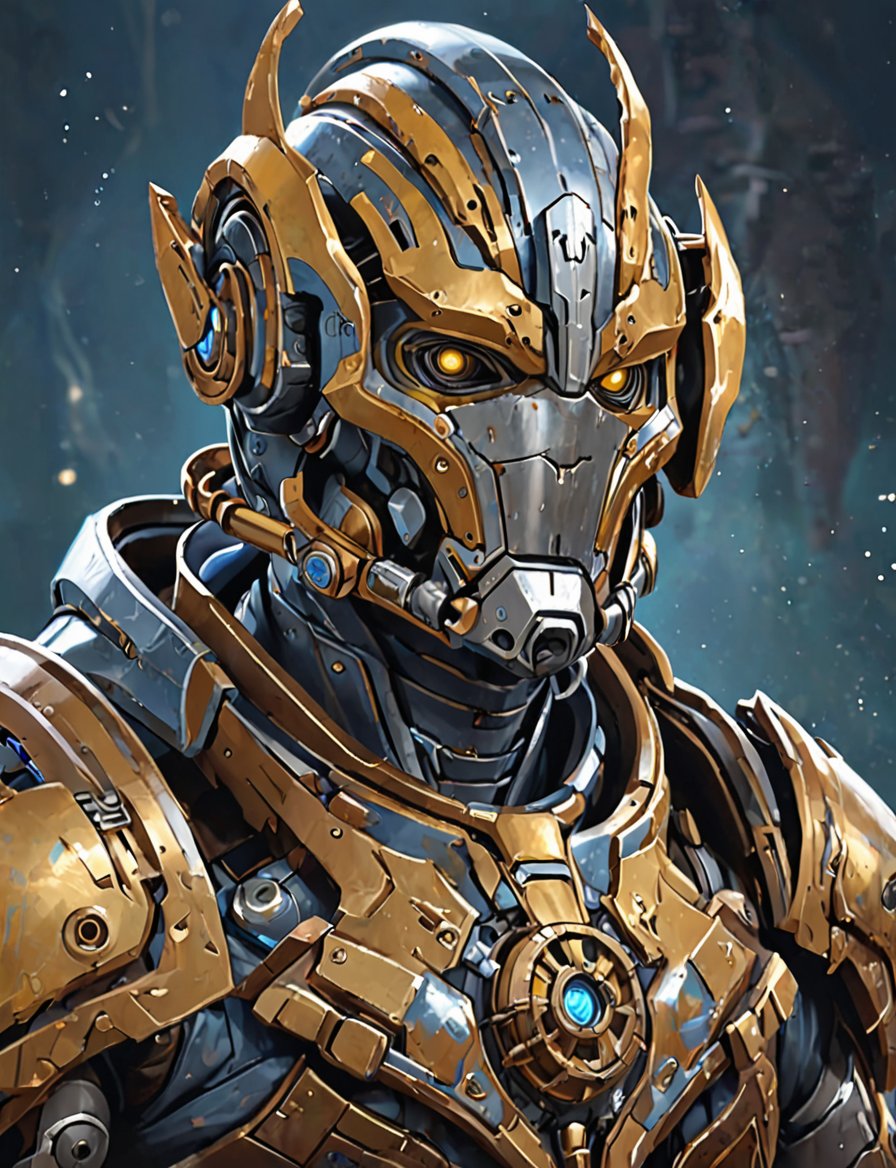 (head and shoulders portrait:1.2), a Warforged warlock , sentient construct of gleaming metal and gears, is dressed in intricately detailed armor. Inspired by the art of Destiny 2 and the style of Guardians of the Galaxy,art_booster