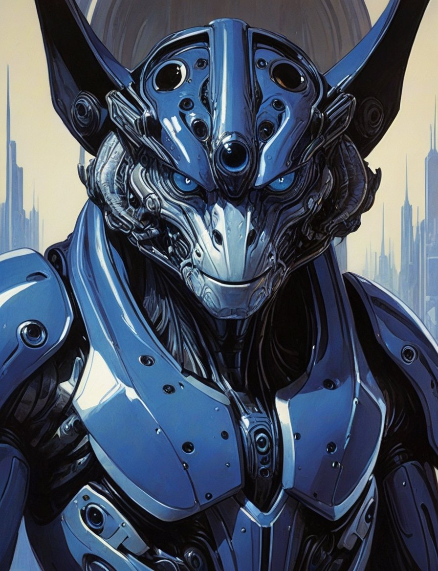 close up, head and shoulders portrait, male creature (many eyes:3) , glowing blue irises, (art by Syd Mead:1.8), triadic color scheme, muted colors, detailed, art by h.r. giger