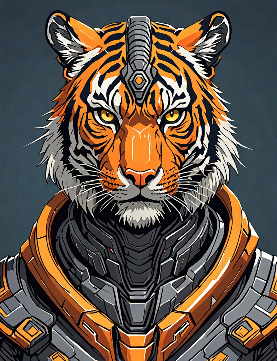 (head and shoulders portrait:1.2), Sci-Fi. (anthropomorphic tiger  :1.3), athletic build. hooded, wearing futuristic and highly cybernetic black armor. Inspired by the art of Destiny 2 and the style of Guardians of the Galaxy
,Flat vector art