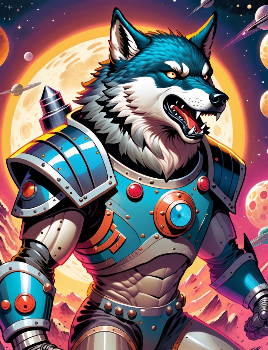 vintage solar punk comic book illustration, close up, Biomechanical  wolf robot astronaut fantasy character, analogous color scales, full animal-like body , attack action pose, graphic illustration, comic art, graphic novel art, vibrant, highly detailed,