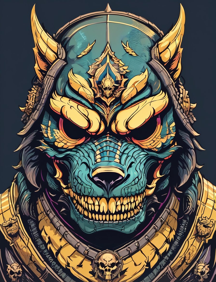 head and shoulders portrait, (wolf ape reptile skull :1.5) warrior, wearing armor, colorful, symmetrical precise detail, flat silkscreen , wearing mask, pastel-color, creative, dark flat color background ,oni style