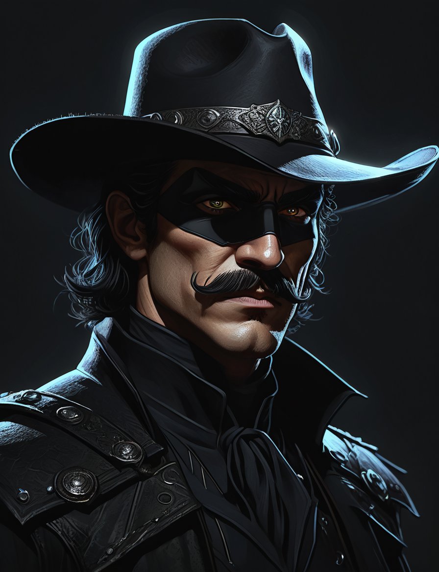 (head and shoulders portrait:1.2), Antonio Banderas as zorro vampire cowboy , (wide handlebar mustache:1.3), zorro mask, cowboy hat , holographic glowing eyes, wearing power armor outfit , (outline sketch style:1.5), surreal fantasy, close-up view, chiaroscuro lighting, no frame, hard light,Expressiveh,concept art,dark theme