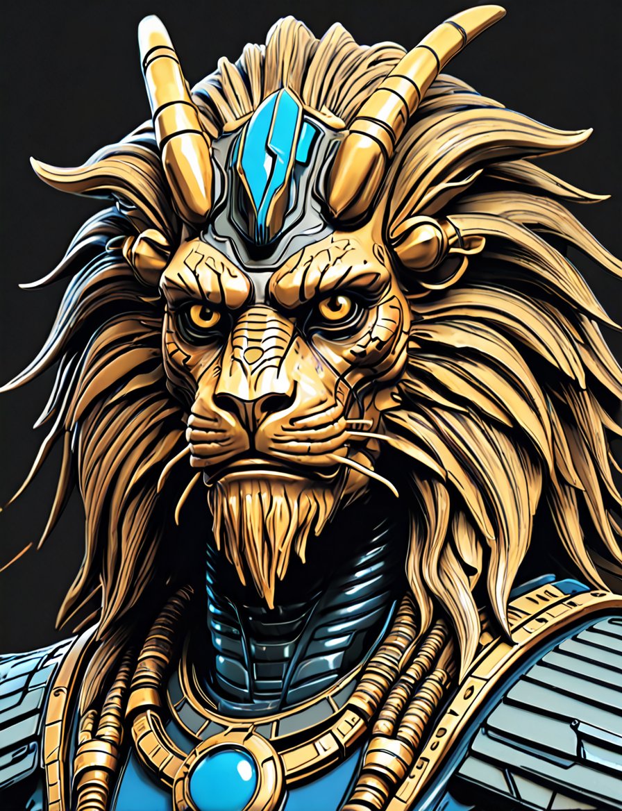 (close up, head and shoulders portrait:1.5), An extremely detailed 1970s retro-future anthropomorphic (pharaoh :1.2) (manticore :1.4) robot, centered, (strong outline sketch style:1.5), (flat silkscreen art style:1.9), (solid dark background:1.2), (retro color scheme), masterpiece, epic, by pascal blanche rutkowski repin artstation painting concept art of detailed character design matte painting, 4 k resolution blade runner, dark muted background, detailed, comic book,dcas_lora