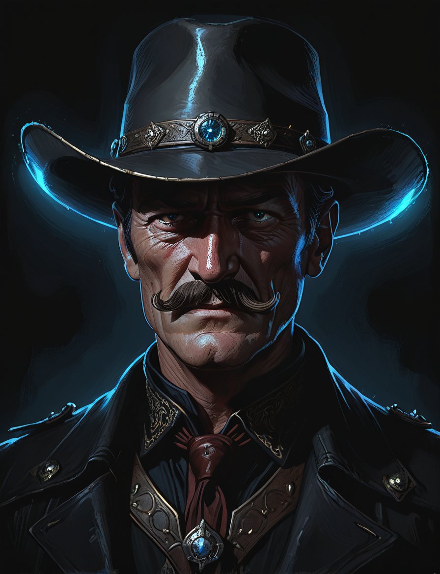 (head and shoulders portrait:1.2), john Wayne as vampire cowboy , (wide handlebar mustache:1.3), cowboy hat , holographic glowing eyes, wearing power armor outfit , (outline sketch style:1.5), surreal fantasy, close-up view, chiaroscuro lighting, no frame, hard light,Expressiveh,concept art,dark theme