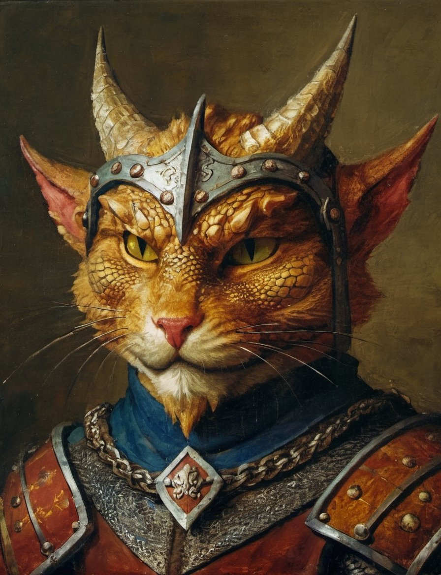 (close up, anthropomorphic medieval evil (cat:1.4) (dragon:1.2) head and shoulders oil portrait:4), by Moritz von Schwind , knight in a richly decorated medieval armor, bright colors,  medieval countryside background scene, countryside, castle , symmetrical features ,oil painting