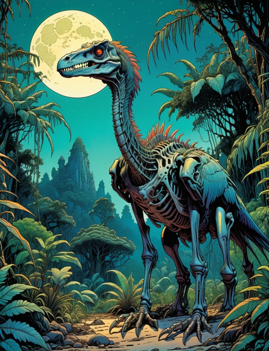 Close up , evil skeleton velociraptor in the jungle, moonlight, Dark Magic, dnd, fantasy  jungle setting, highly detailed, art by Jean Giraud ((Moebius style)), line ink illustration,highly detailed,  ink sketch,ink Draw,Comic Book-Style 2d,2d, pastel colors