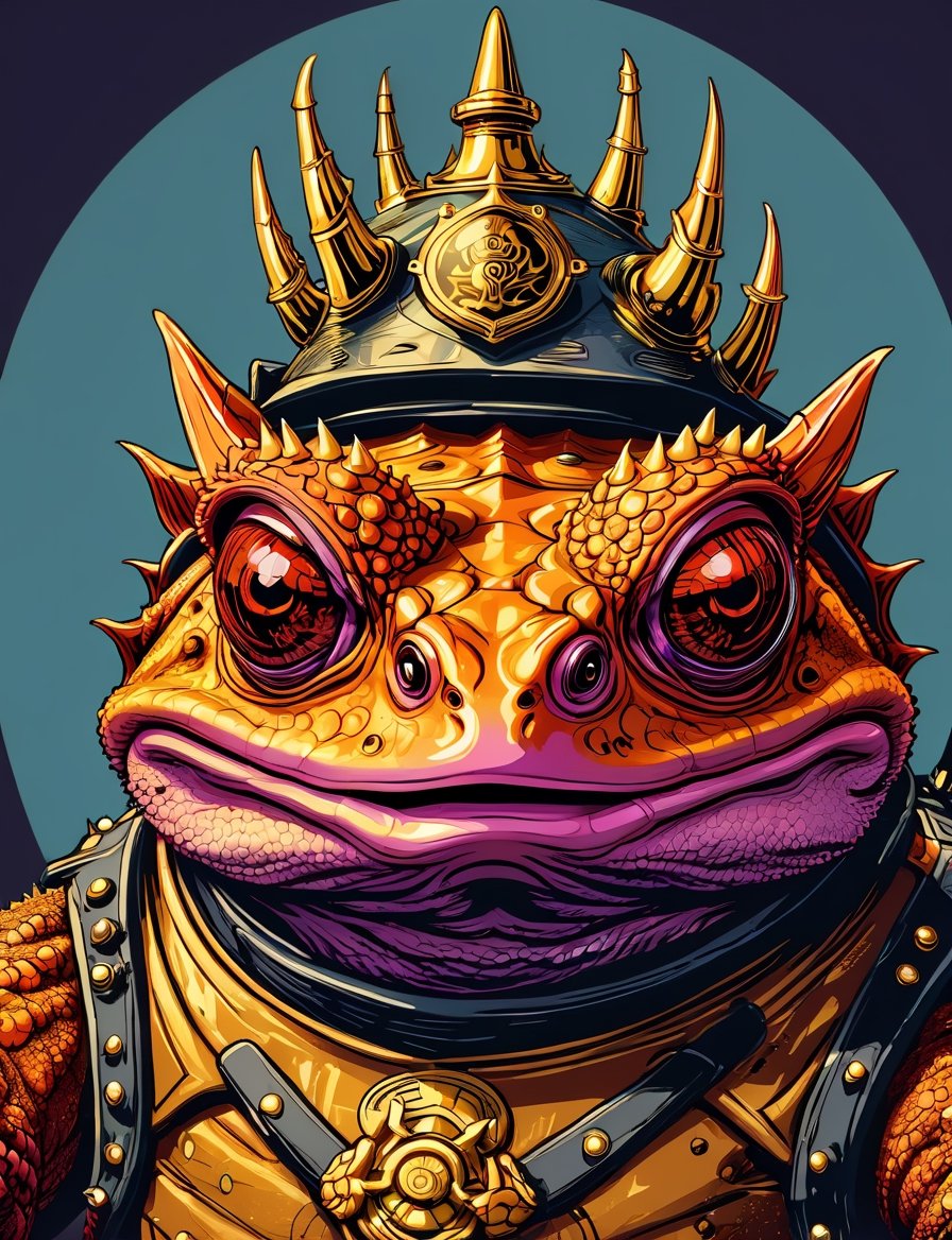 head and shoulders portrait, (horned toad slug :1.5) warrior, wearing armor, colorful, symmetrical precise detail, symmetrical features, (flat silkscreen:1.5) , wearing mask, pastel-color, creative, dark flat color background ,oni style