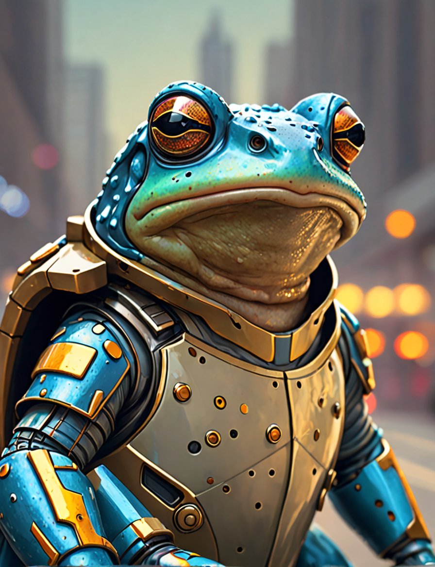 (close up, head and shoulders portrait:1.3), (anthromorphic toad:1.6), wearing sci-fi polycarbonate armor , "The overall effect is a blend of impressionism and abstraction, creating a rich, immersive setting. The scene should feature a realist selective focus on main subject. In contrast, the background should transition into an abstract, painterly environment. The atmosphere should be hazy and diffuse, contributing to an ethereal and somewhat dystopian feel. Background impressionistic style to emphasize mood and atmosphere over detailed realism. The colors in the background include shades of rich, vibrant hues with dramatic contrasts, featuring deep, earthy tones and vivid highlights, blending seamlessly with cooler hues like blues and greys. Use muted accents like rusty orange-yellows, and rusty teals to highlight tiny areas and add visual interest. Use this blend of subdued and bold colors to emphasize the gritty nature of the scene."